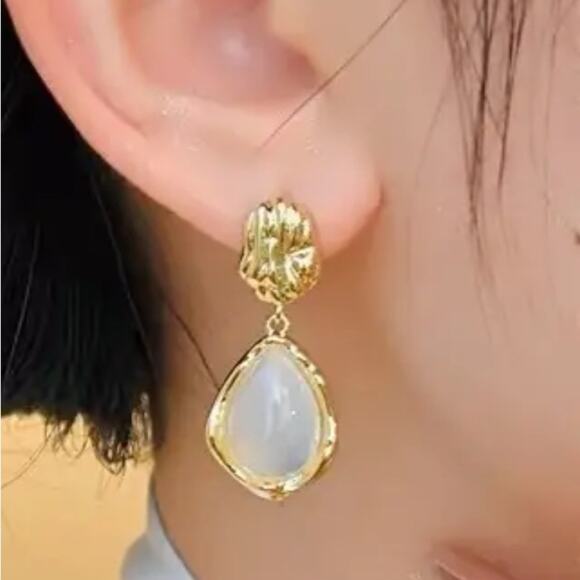 White Stone Gold Drop Earrings - Picture 2 of 2